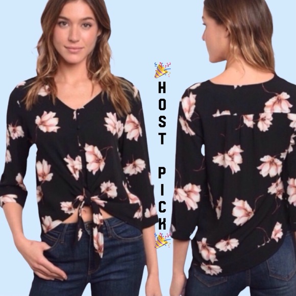 Tops - ❌DONATED❌Black Floral Front Tie Button Up V-neck Top